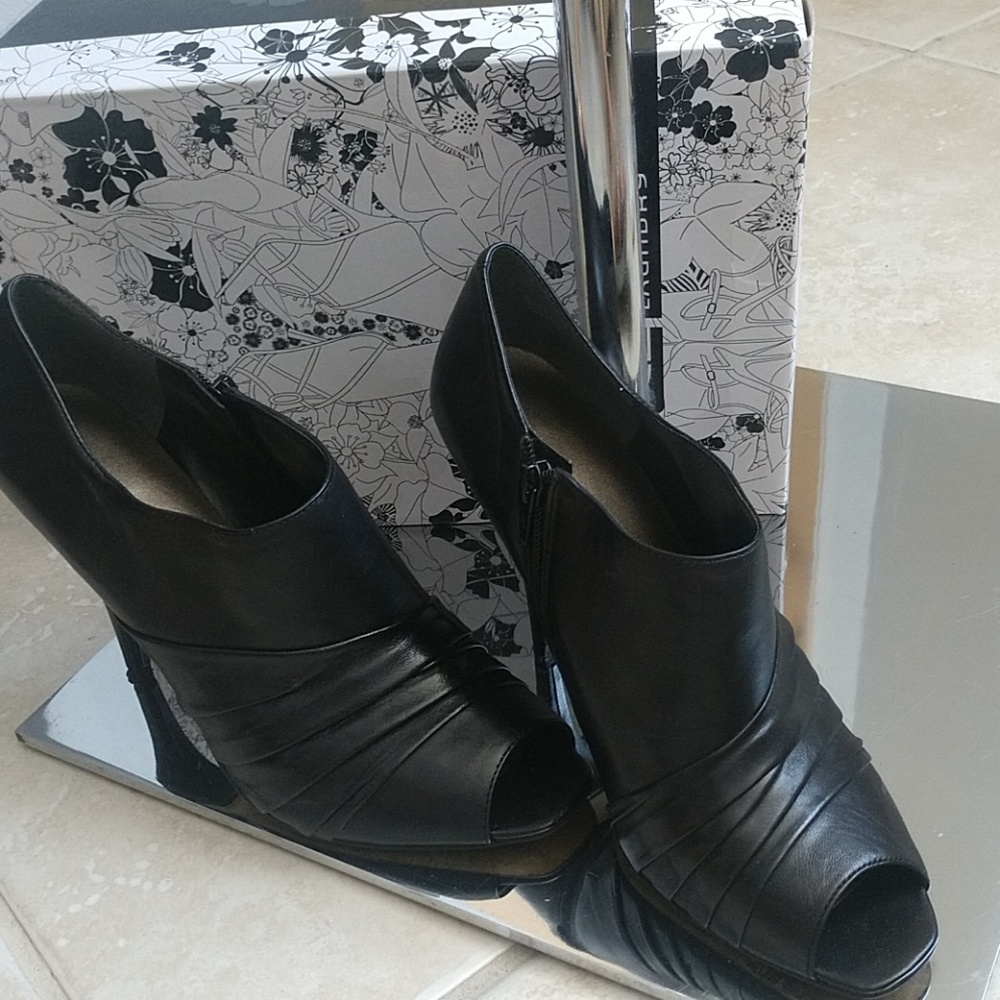 Black Leather Open Toe Booties